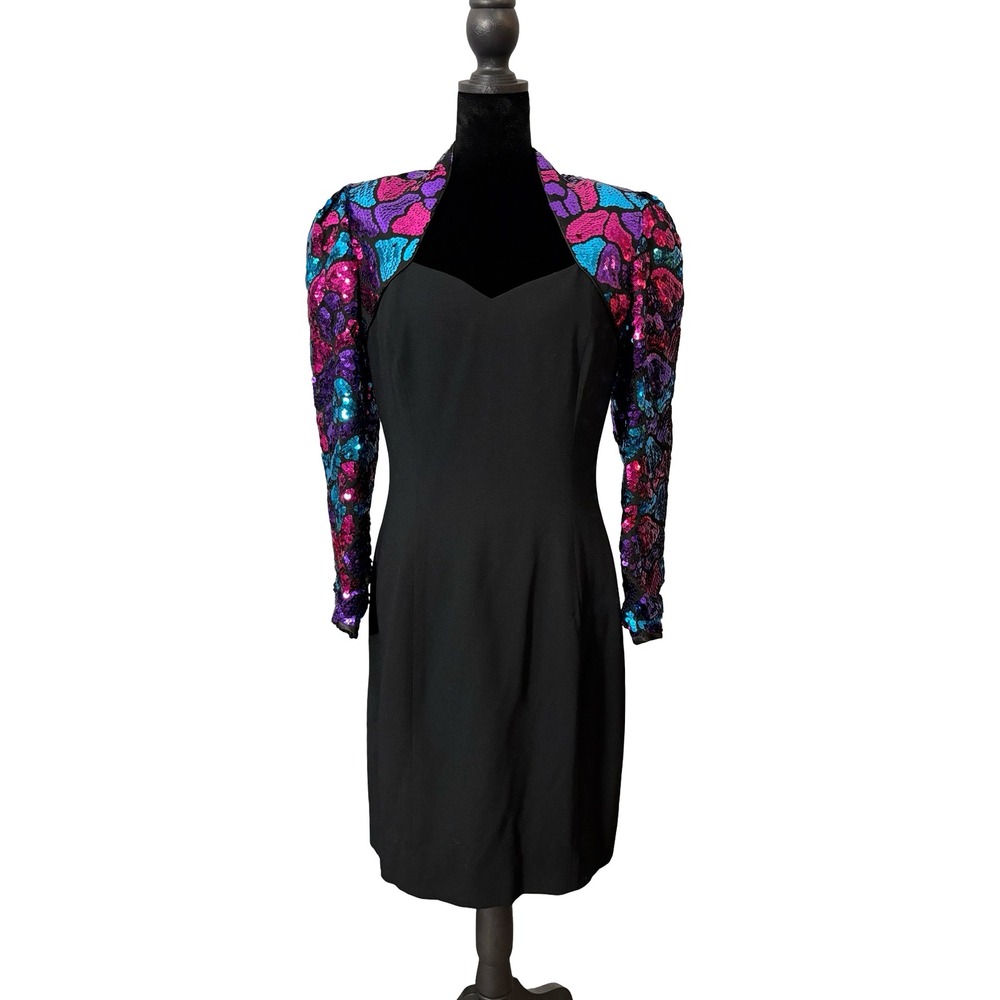 Lillie Rubin Vintage 80's Sequin Sleeve Sheath Cocktail Dress Size 12